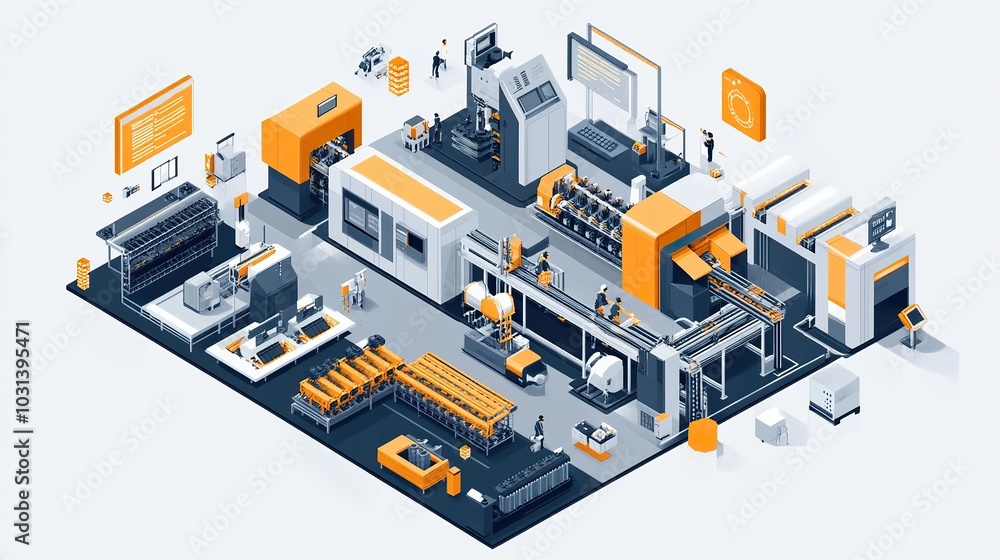 Poster isometric a modular factory where production lines are reconfigurable, adapting quickly to changes i