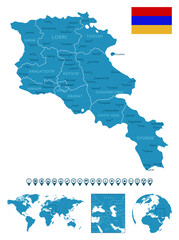 Fototapeta premium Armenia - detailed blue country map with cities, regions, location on world map and globe. Infographic icons. Vector illustration