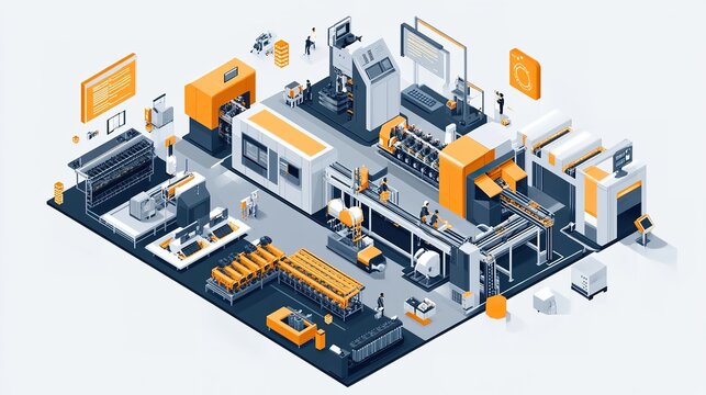 isometric a modular factory where production lines are reconfigurable, adapting quickly to changes in demand and product type