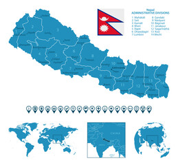 Nepal - detailed blue country map with cities, regions, location on world map and globe. Infographic icons. Vector illustration