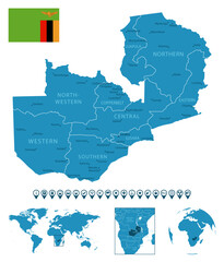 Fototapeta premium Zambia - detailed blue country map with cities, regions, location on world map and globe. Infographic icons. Vector illustration