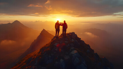 Fototapeta premium Two hikers celebrate a sunset atop a mountain peak.
