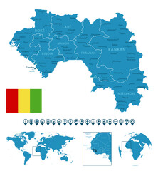 Guinea - detailed blue country map with cities, regions, location on world map and globe. Infographic icons. Vector illustration