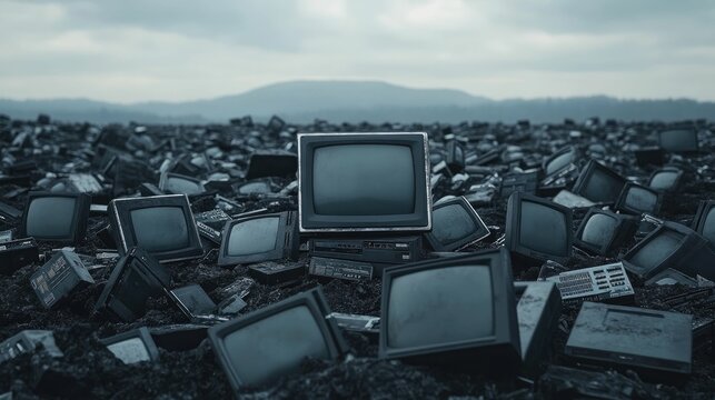 Barren landscape littered with a vast pile of discarded and broken electronic devices