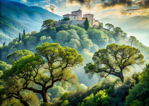 Enchanting Double Exposure of Holm Oaks in Eremo delle Carceri, Assisi - A Serene Forest Landscape Capturing the