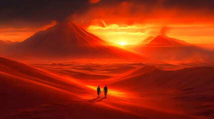 Two figures walking through a fiery, volcanic landscape at sunset.