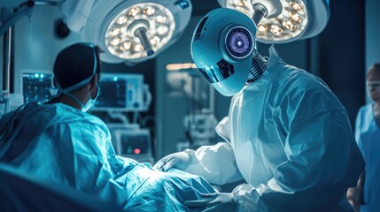 AI robot performing a precise medical procedure under the guidance of a doctor in a cutting-edge operating room
