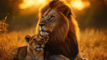 Fototapeta premium A lion and cub resting together in a golden sunset landscape.