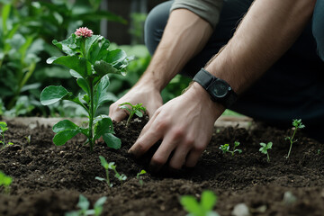 Gardener planting flowers in rich soil
