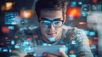 A focused young man uses his smartphone surrounded by digital data, symbolizing technology's impact on communication and interaction.