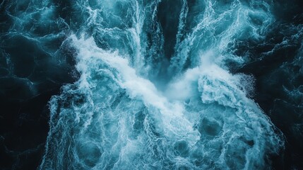 Ocean waves creating a dynamic, swirling pattern of blue water.