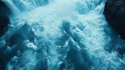 Powerful water flow, blue tones, natural scene, dynamic movement