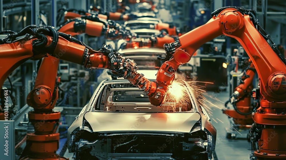 Poster an assembly line in an automotive factory, where cars are being built by a combination of robots and
