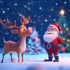 A charming 3D  image featuring a cute reindeer and Santa Claus standing on snow, surrounded by a festive Christmas setting. The reindeer is looking up with a joyful expression, while Santa Claus stand