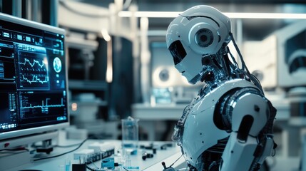 Fototapeta premium AI robot supporting medical research and patient care with advanced tools and technology in a high-tech lab