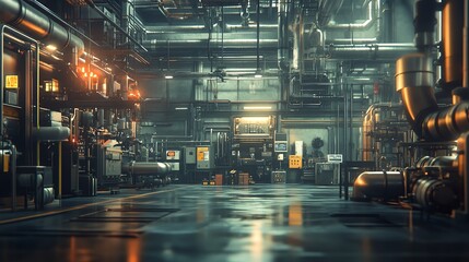 Modern industrial factory interior with machinery and pipes.
