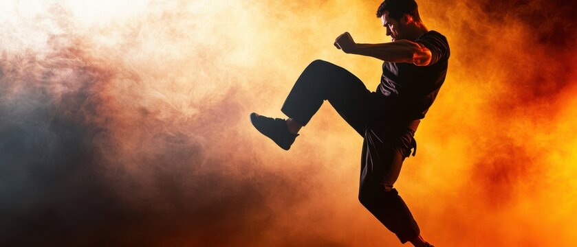 A dynamic martial artist performs a powerful kick, surrounded by vibrant smoke and lighting, capturing the intensity of combat and skill.