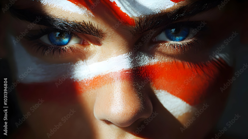 Wall mural Close-up of a person's face with striking blue eyes and face paint.