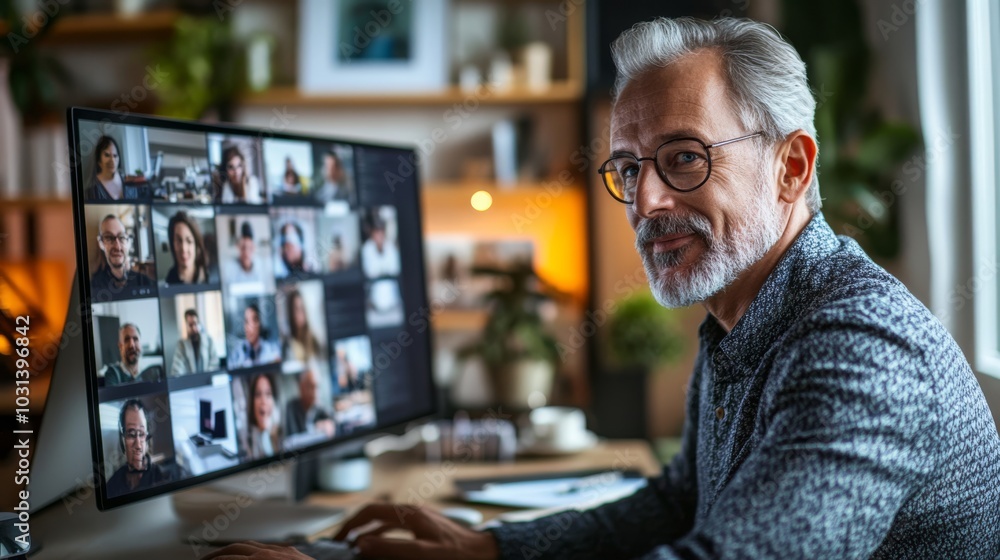 Poster a man is engaged in a video call, viewing multiple participants on a large screen while sitting at a