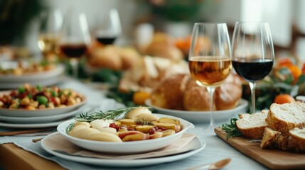 Bountiful Thanksgiving Feast Spread with Place Settings Plates of Food and Glasses of Wine on a Rustic Wooden Table