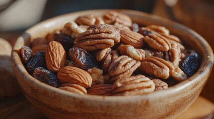 A close-up shot of a bowl filled with a variety of nuts, including pecans, almonds, and walnuts, along with dried raisins. The nuts are a healthy and delicious snack that is perfect for any occasion.