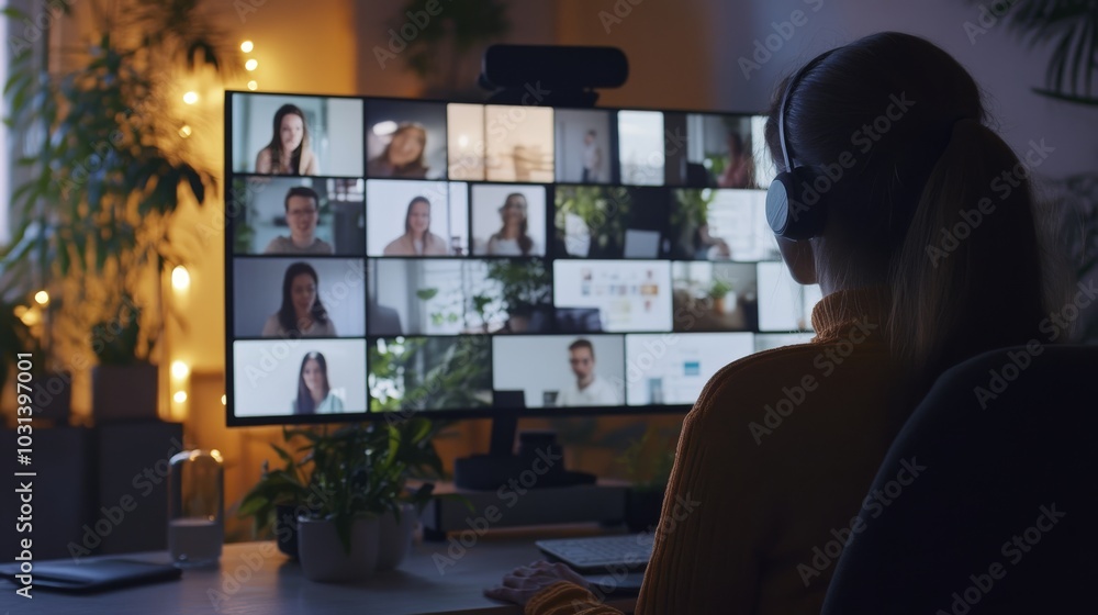 Poster a person participating in a virtual meeting, surrounded by greenery, engaged with multiple video fee