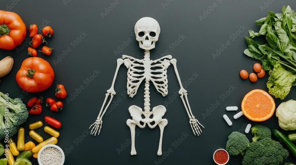 Poster radiant skeletal structure glowing with calcium and vitamins surrounded by a vibrant array of nutrie