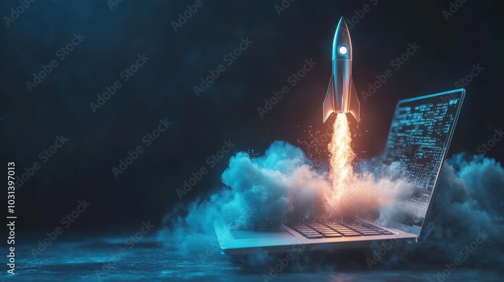 Poster dynamic rocket emerging from a laptop screen, capturing the concept of modern technology and online 