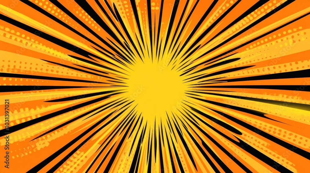 Poster dynamic starburst background in yellow and orange with halftone effects, creating a bold and energet