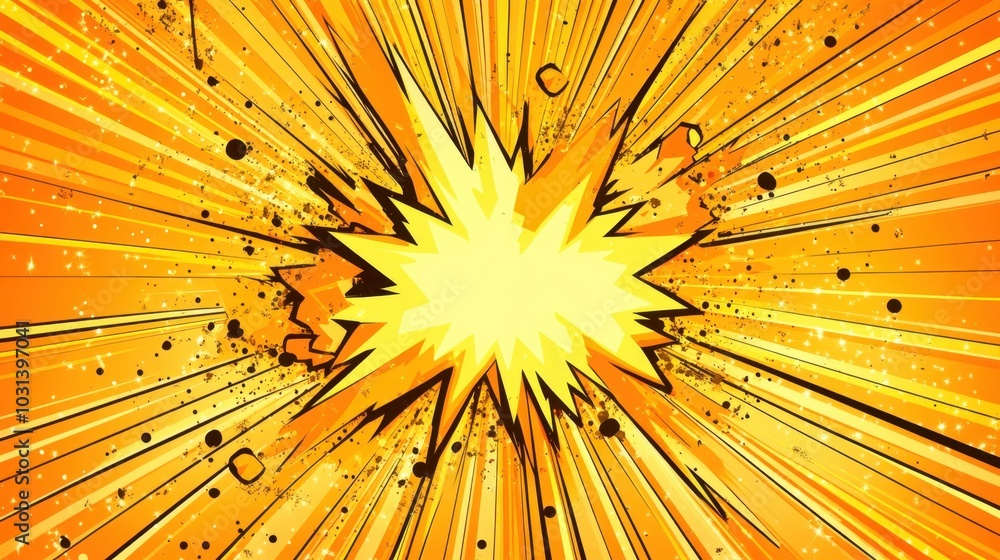 Poster dynamic starburst background in yellow and orange with halftone effects, creating a bold and energet