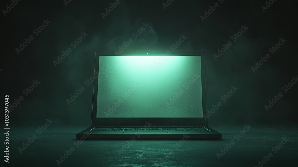 Poster a conceptual image of privacy mode on a laptop in a dark room with a green glow symbolizing data pro