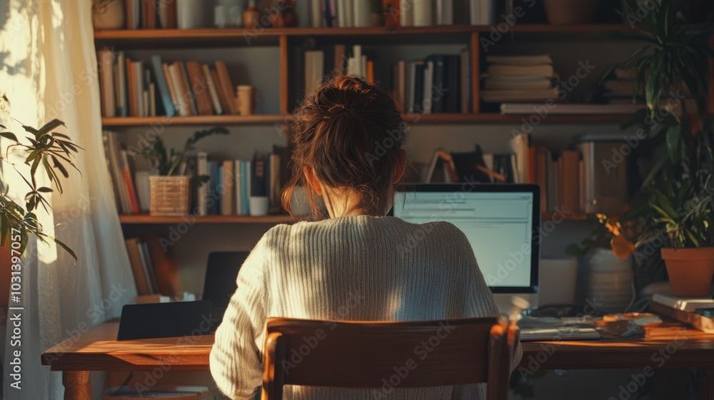 Poster a person working on a computer in a cozy workspace filled with books and plants, illuminated by natu