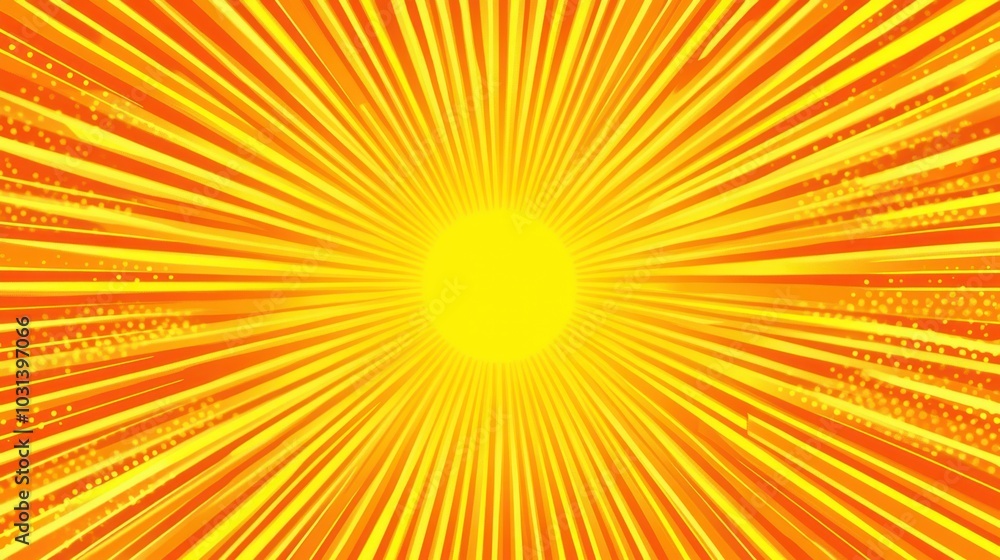 Poster dynamic starburst background in yellow and orange with halftone effects, creating a bold and energet