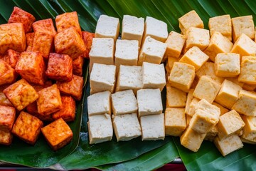 A colorful display of tofu, jackfruit, and soy protein on a banana leaf.  A healthy and delicious vegan meal.