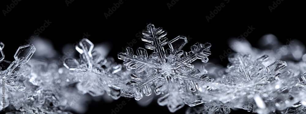 Poster intricate snowflake crystals, showcasing unique patterns in delicate detail against a contrasting da