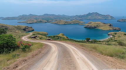 Scenic view of winding road leading to tranquil coastal islands.