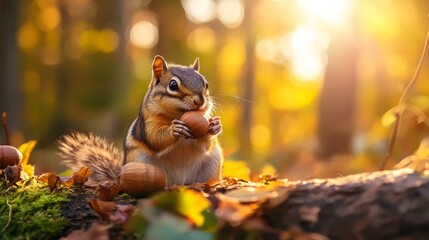 A cute eastern chipmunk enjoys an acorn in a beautiful autumn forest setting.  The sun shines through the trees creating a warm glow, and the ground is covered in colorful leaves. This photo captures 
