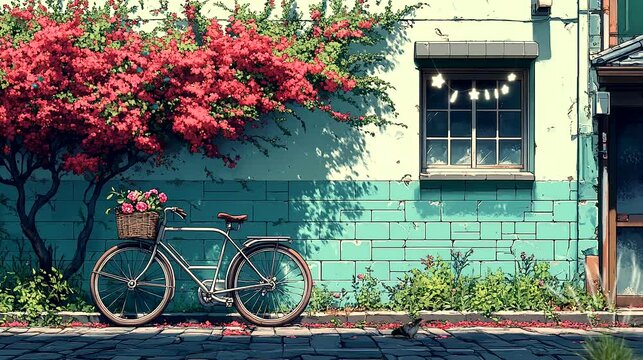 Vintage bicycle with flowers against colorful wall and blooming tree. Seamless loop video background
