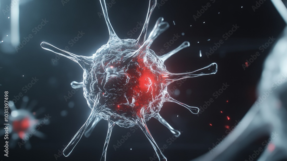 Poster a detailed 3d of a virus particle, showcasing its complex structure and intricate details. this imag