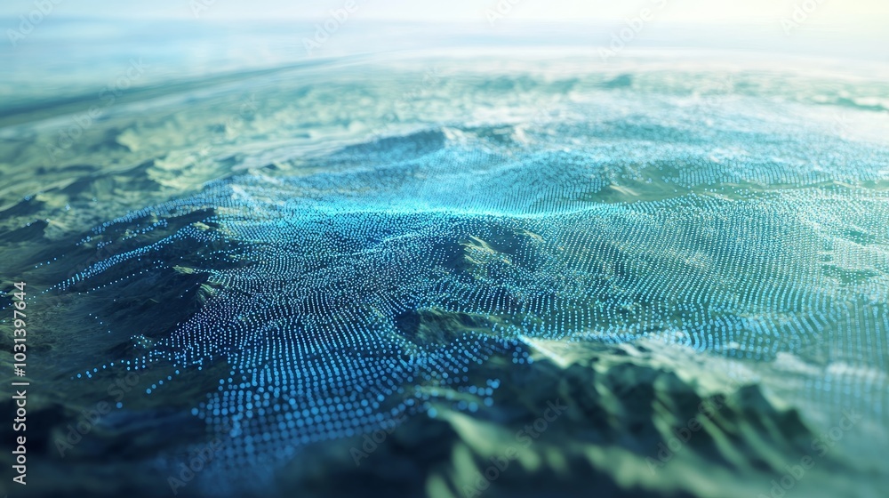 Poster a futuristic 3d of the earth's terrain with a digital grid overlay, representing data and technology