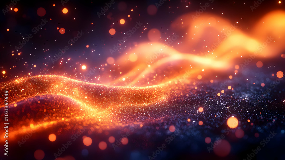 Poster abstract glowing waves of light with sparkling particles.