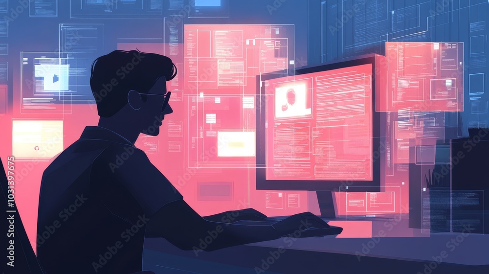 Poster a focused programmer sits at his desk, diligently typing on his computer, surrounded by glowing scre