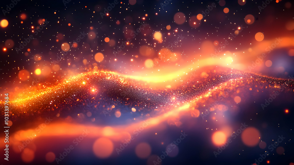 Poster abstract glowing waves with shimmering particles in a dark background.