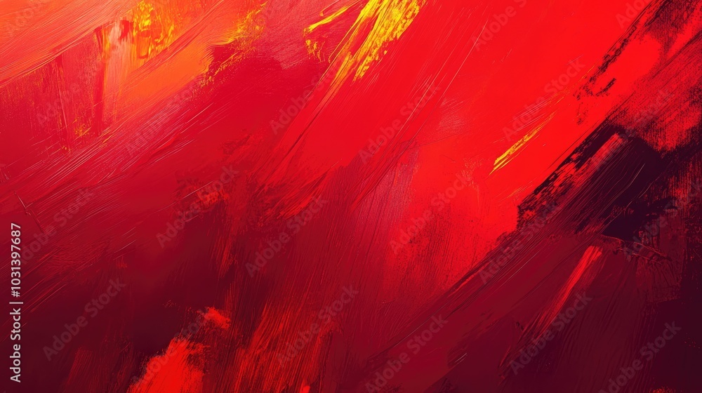 Poster bold abstract red background with dynamic brushstrokes and vibrant gradients creating a lively, ener