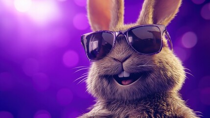 Easter bunny rocking sunglasses and a cheerful grin, with a vibrant purple background creating a fun, festive vibe.