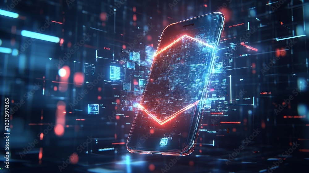 Poster a futuristic smartphone with a glowing shield hovering above it, representing security and protectio