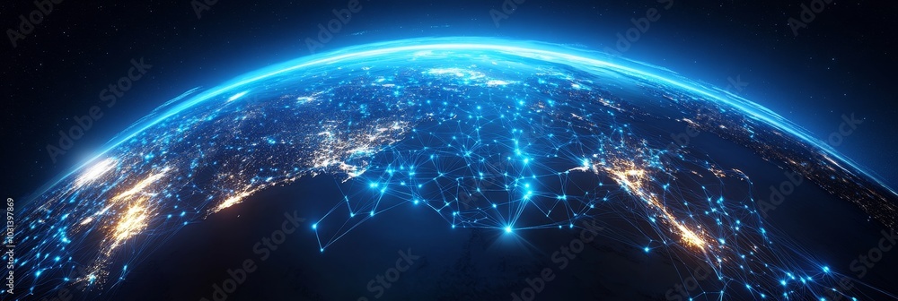 Aufkleber a futuristic digital visualization of the globe with glowing lines connecting cities and continents,