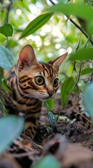 Bengal cat exploring the jungle with curiosity and agility, Bengal cat, explorer, wild, adventure, nature, curious, agility