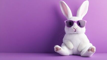 Obraz premium Easter bunny with cool sunglasses, sitting on a purple background, bringing a fun and playful energy to the scene.