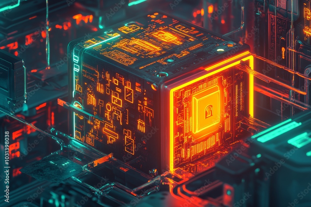 Poster a glowing safe with circuit board patterns symbolizes a password manager app protecting digital asse